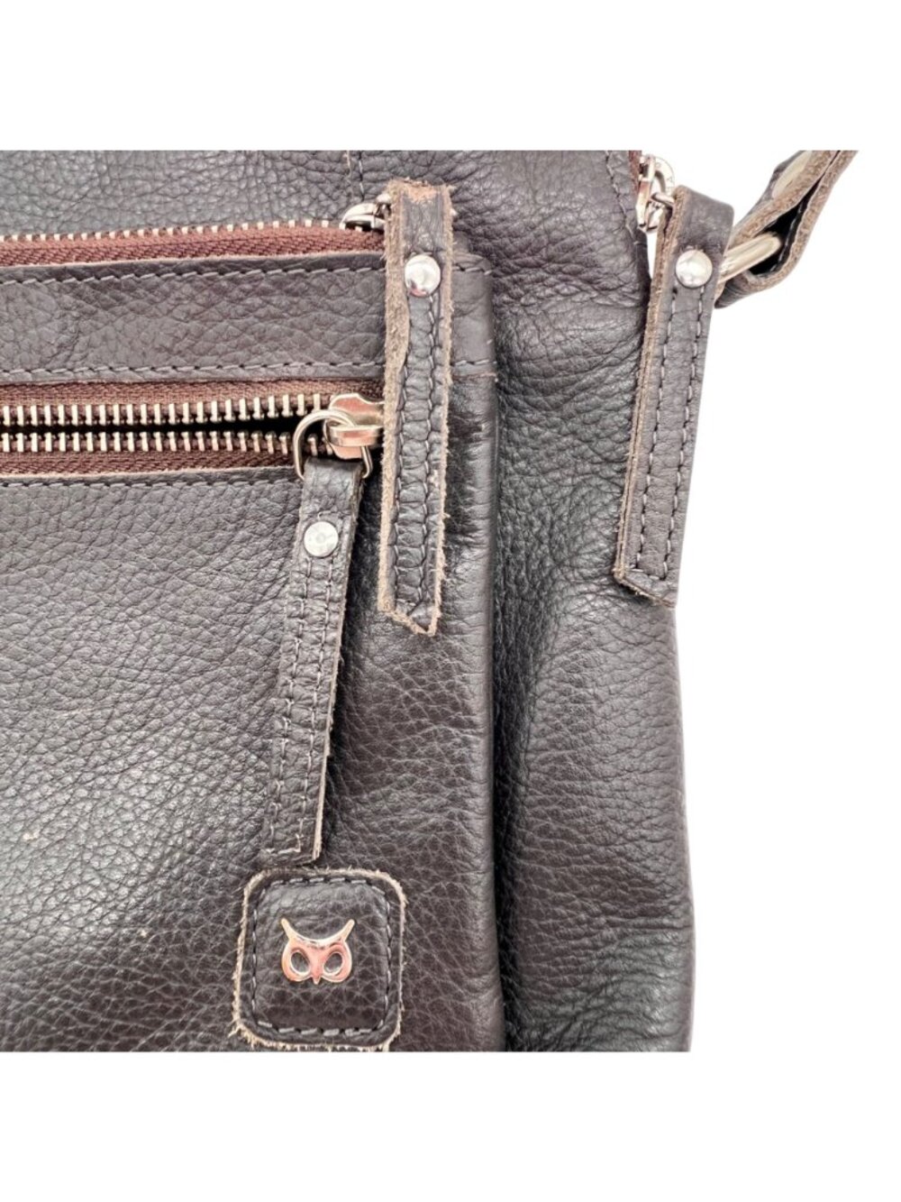 Wise Owl Soft Leather Crossbody Bag Dark Brown Adj Strap Multiple Zipper Pockets - Picture 11 of 16
